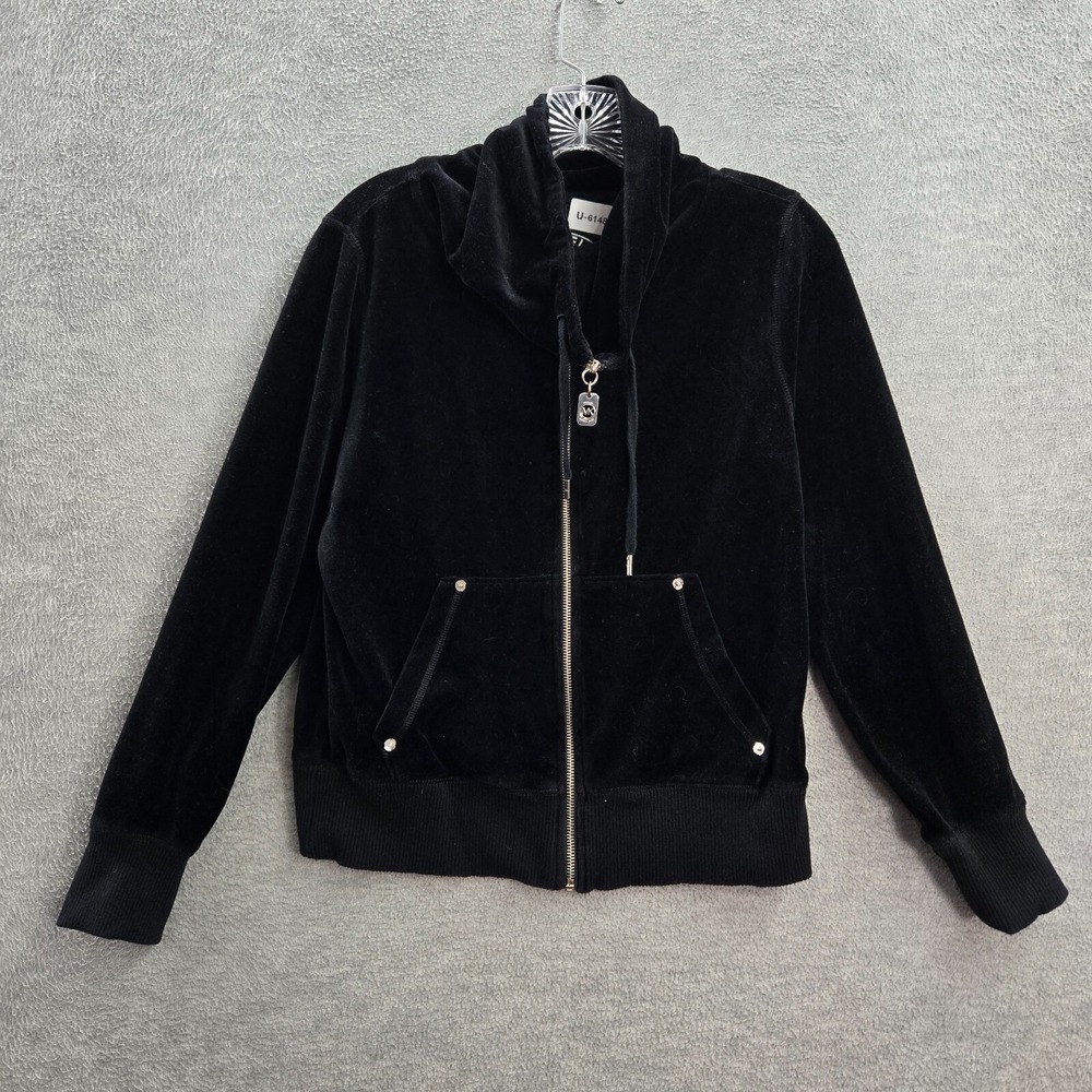 Michael Kors Women Jacket Medium Black Velour Pockets Full Zip Cowl Drawstring